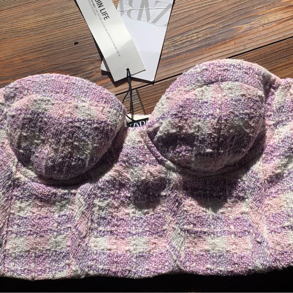 NWT Zara Womens X Small Tweed Bustier Crop Corset Top Pink Purple Plaid XS